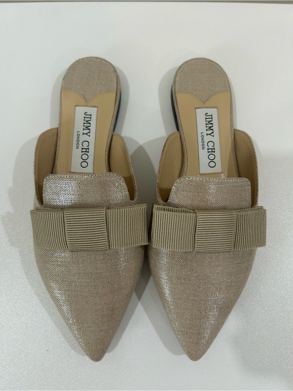 Jimmy Choo Metallic Beige Pointed Bow Backless Flat Mules, US 4.5, UK 34 1/2.